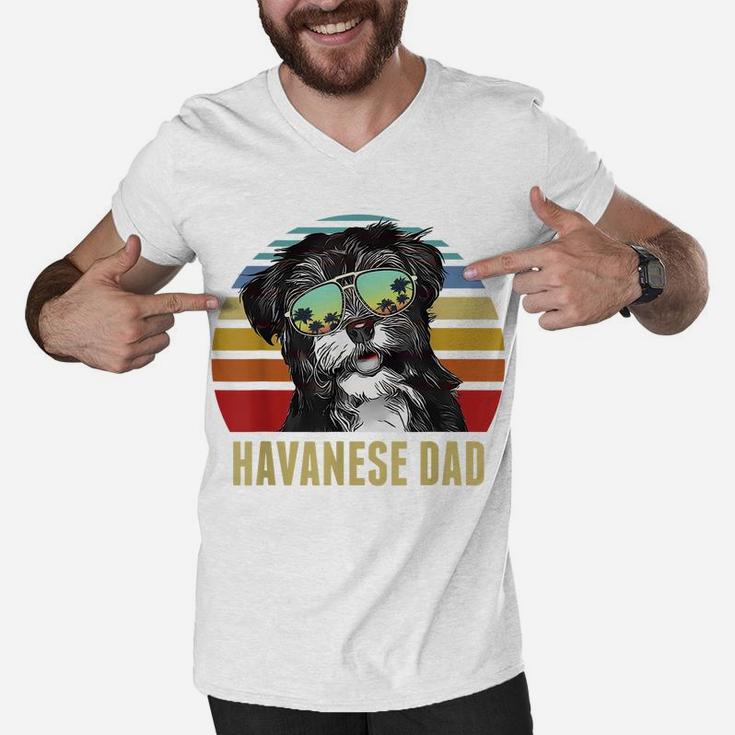 Havanese Best Dog Dad Ever Retro Sunset Beach Vibe Men V-Neck Tshirt