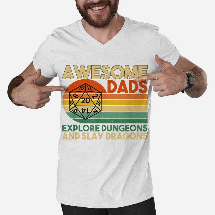 Mens Awesome Dads Explore Dungeons Dm Rpg Dice Dragon Gift Men V-Neck Tshirt