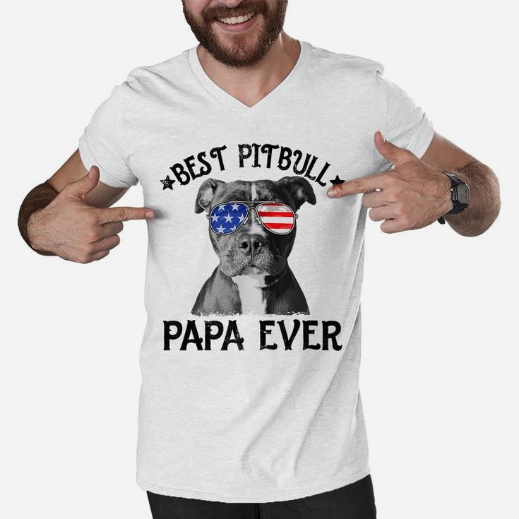 Mens Best Pitbull Papa Ever Dog Dad American Flag 4Th Of July Men V-Neck Tshirt