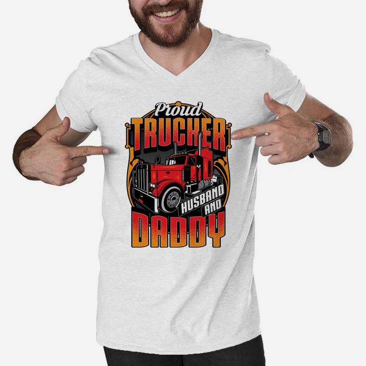 Proud Trucker Husband Daddy Graphic For Truck Drivers Gift Men V-Neck Tshirt