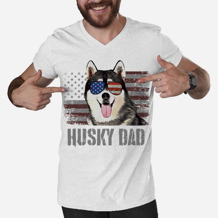 Siberian Husky Best Dog Dad Ever Retro Usa American Flag Men V-Neck Tshirt