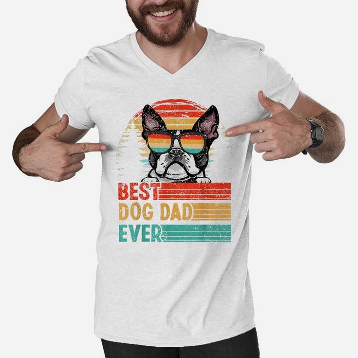 Vintage Best Dog Dad Ever Boston Terrier Dog Lover Men V-Neck Tshirt