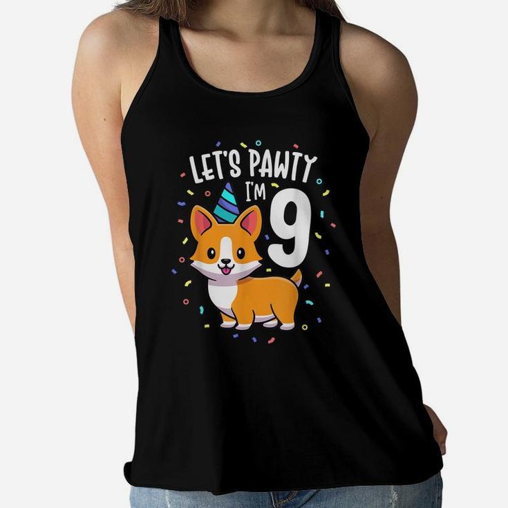 9 Years Old Corgi Dog Lover 9Th Birthday Party Outfit Kid Women Flowy Tank