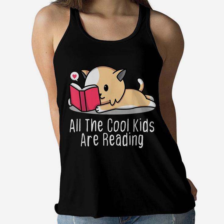 All The Cool Kids Are Reading Tee Book Cat Lovers Women Flowy Tank