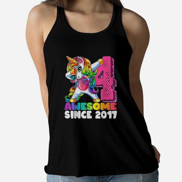 Awesome Since 2017 Dabbing Unicorn 4Th Birthday Gift Girls Women Flowy Tank