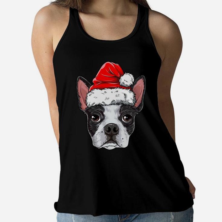 Boston Terrier Christmas Dog Santa Hat Xmas Boys Kids Girls Sweatshirt Women Flowy Tank
