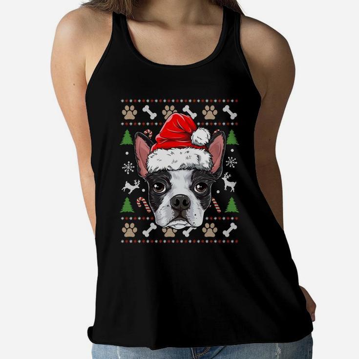 Boston Terrier Ugly Christmas Dog Santa Hat Xmas Boys Kids Women Flowy Tank