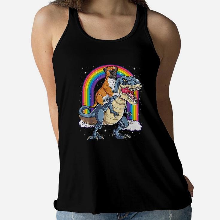 Boxer Riding DinosaurRex Gift Dog Lover Boys Kids Rainbow Women Flowy Tank