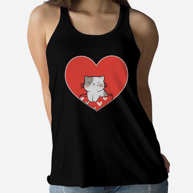 Cute Cat Love Heart Valentines Day Gift Happy Valentines Day Women Flowy Tank
