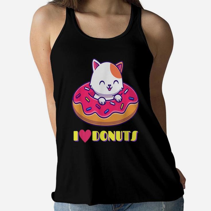 Cute Cuddly Kitty I Love Donuts Food - Cat Lovers For Girls Women Flowy Tank