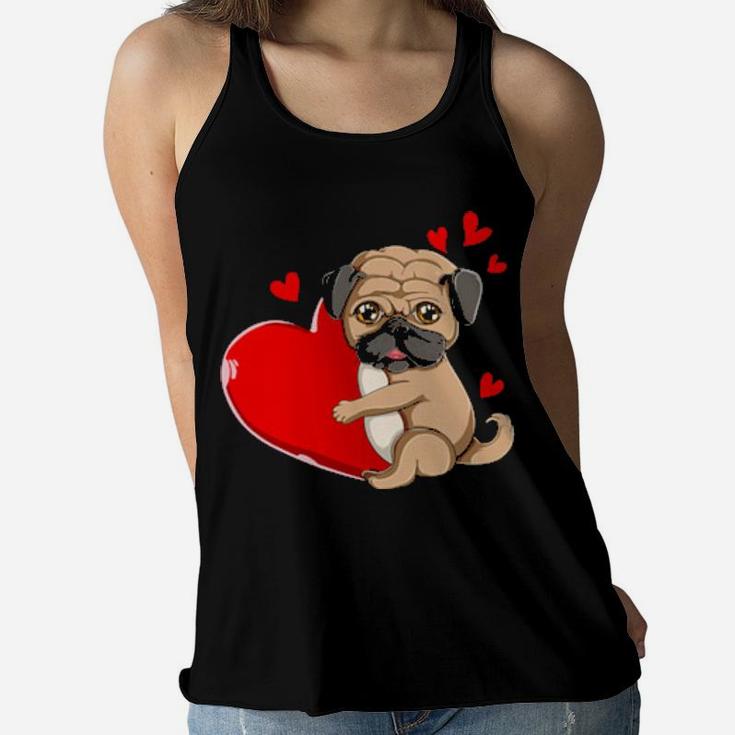 Cute Pug Valentines Day Holding Heart My Valentine Girl Women Flowy Tank