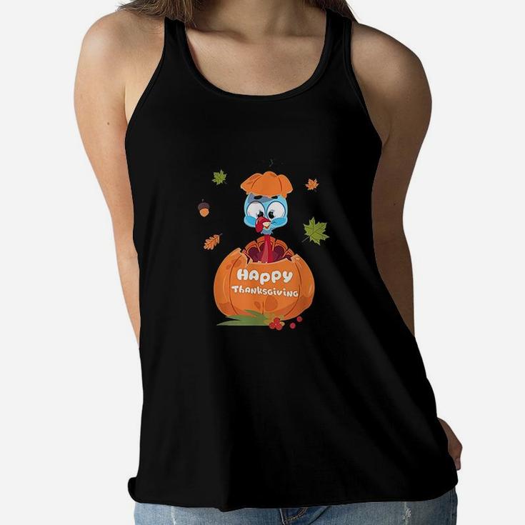 Cute Turkey Pilgrim In Pumpkin Thanksgiving Kids Women Flowy Tank