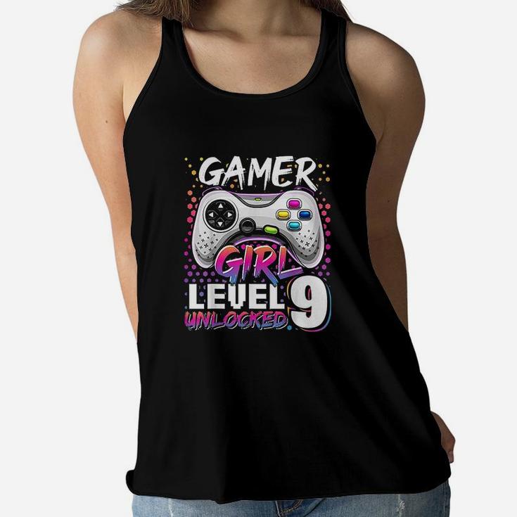 Gamer Girl Level 9 Unlocked Video Game 9Th Birthday Gift Women Flowy Tank