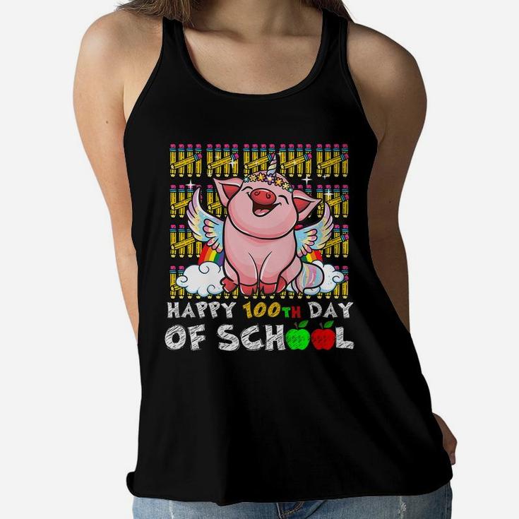 Happy 100Th Day Of School Pig Funny Teacher Student Kids Women Flowy Tank
