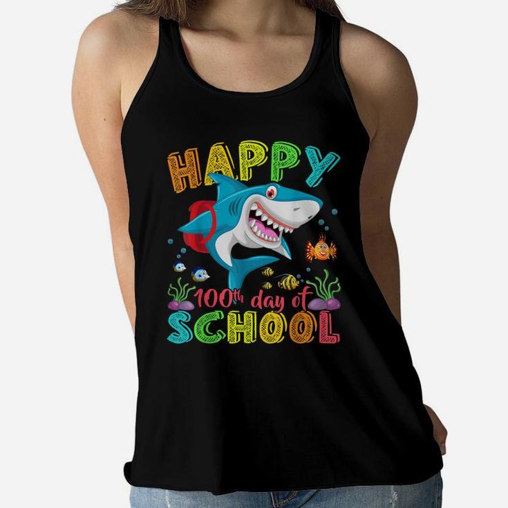 Happy 100Th Day Of School Shark Gift Funny Teacher Boys Kids Women Flowy Tank