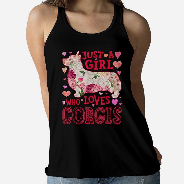 Just A Girl Who Loves Corgis Dog Silhouette Flower Floral Women Flowy Tank