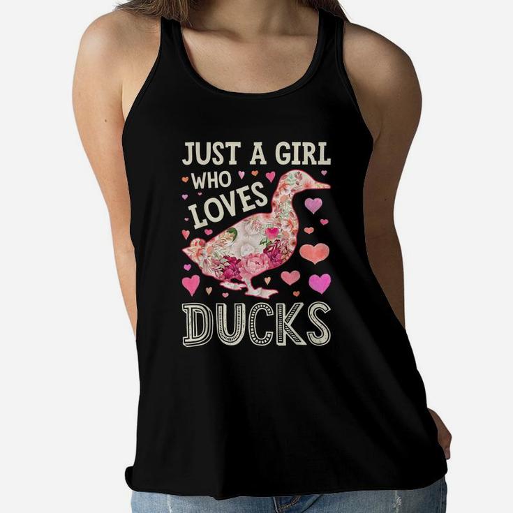 Just A Girl Who Loves Ducks Funny Duck Silhouette Flower Women Flowy Tank