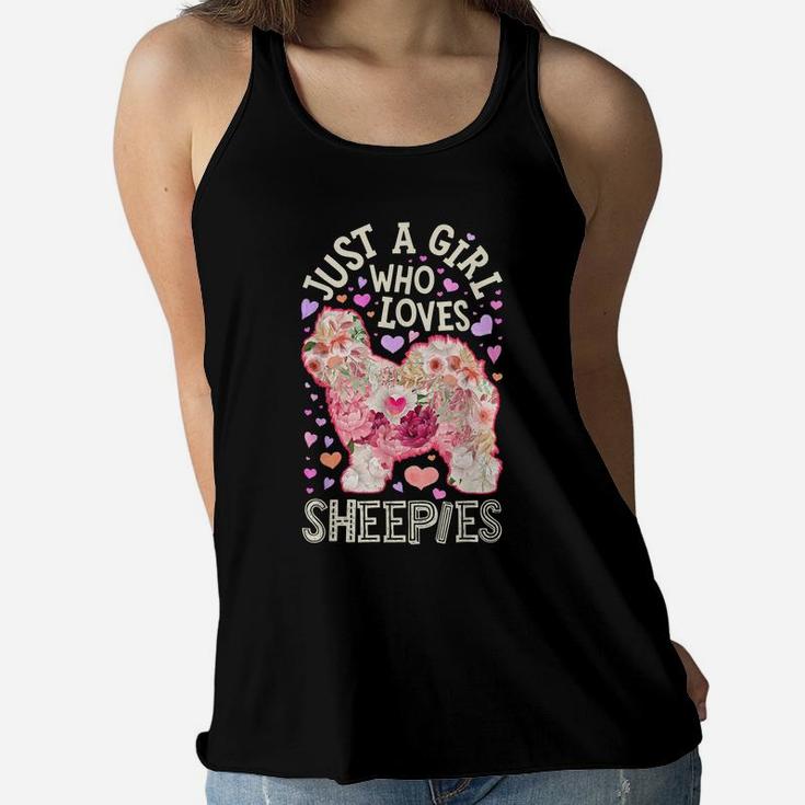 Just A Girl Who Loves Sheepies Old English Sheepdog Flower Women Flowy Tank