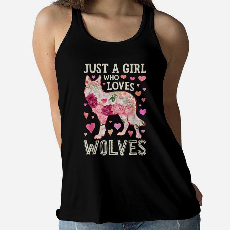 Just A Girl Who Loves Wolves Funny Wolf Silhouette Flower Women Flowy Tank