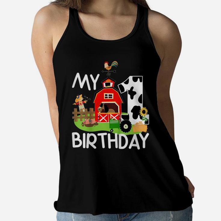 Kids 1St Birthday Shirt Farm Tractor Pig Horse Cow Chicken Cat Women Flowy Tank