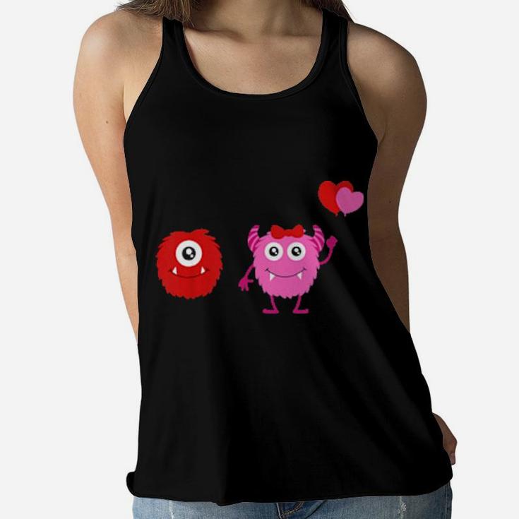 Kids Boys And Girls Valentines Day Monsters With Heart Balloons Women Flowy Tank