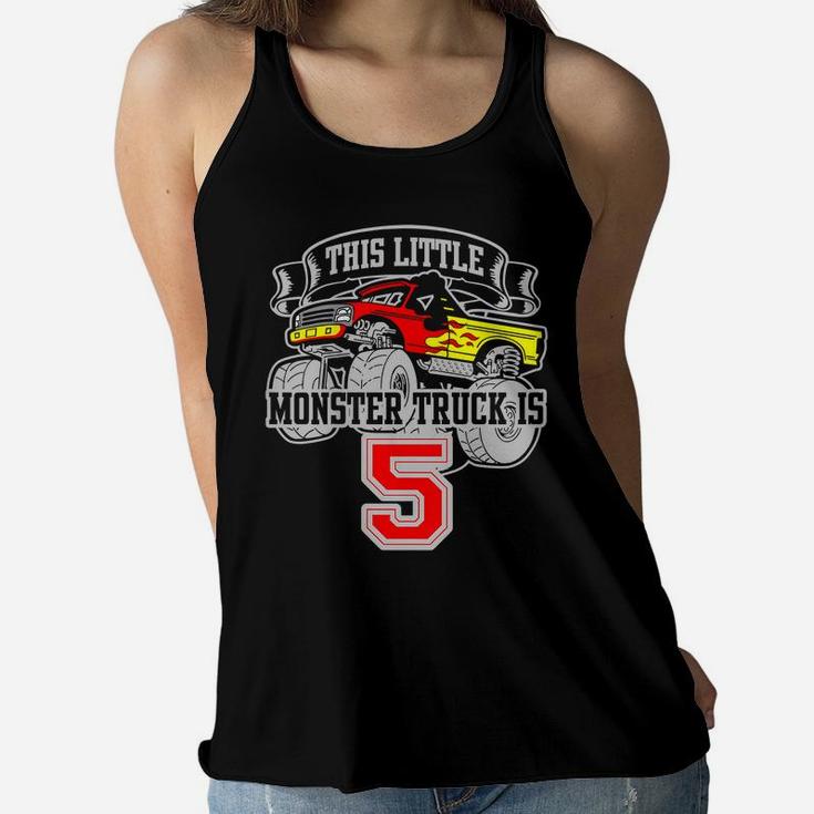 Kids Monster Truck 5Th Birthday This Little Monster Trucks Women Flowy Tank