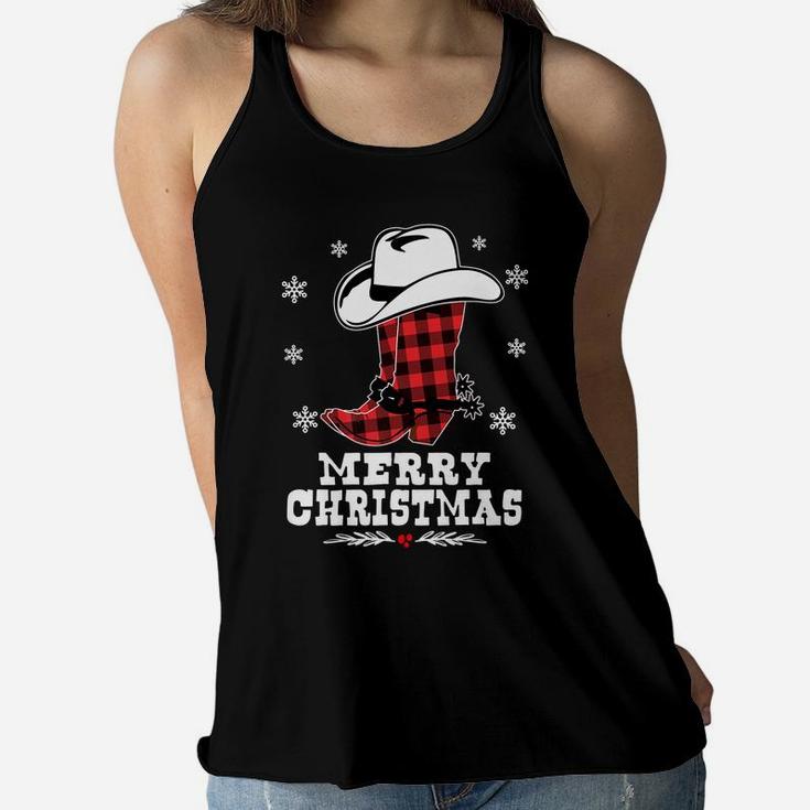 Merry Christmas Cowboy Boots Red Buffalo Plaid Western Women Flowy Tank