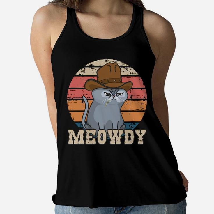 Texas Meowdy Cat Cowboy Hat Feline Funny Lover Pun Vintage Women Flowy Tank