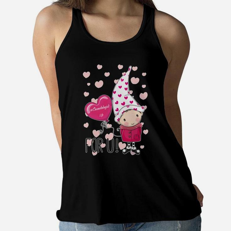 Valentines Day Cosmetologist Life Pink Gnome Holds Heart Balloon Women Flowy Tank