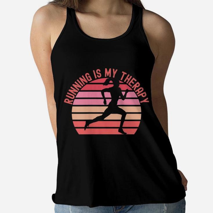 Womens Running Is My Therapy Girl Runner Retro Sunset Funny Women Flowy Tank