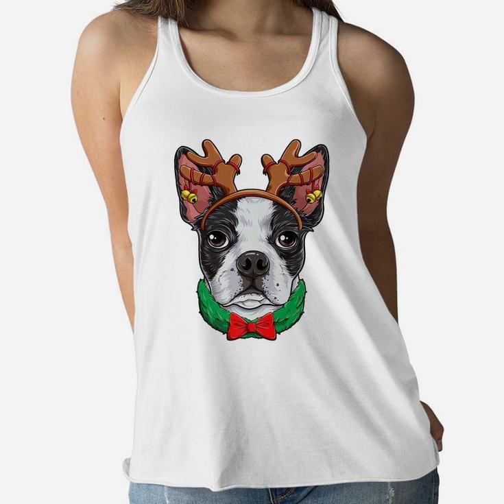 Boston Terrier Christmas Reindeer Antlers Xmas Girls Dog Women Flowy Tank