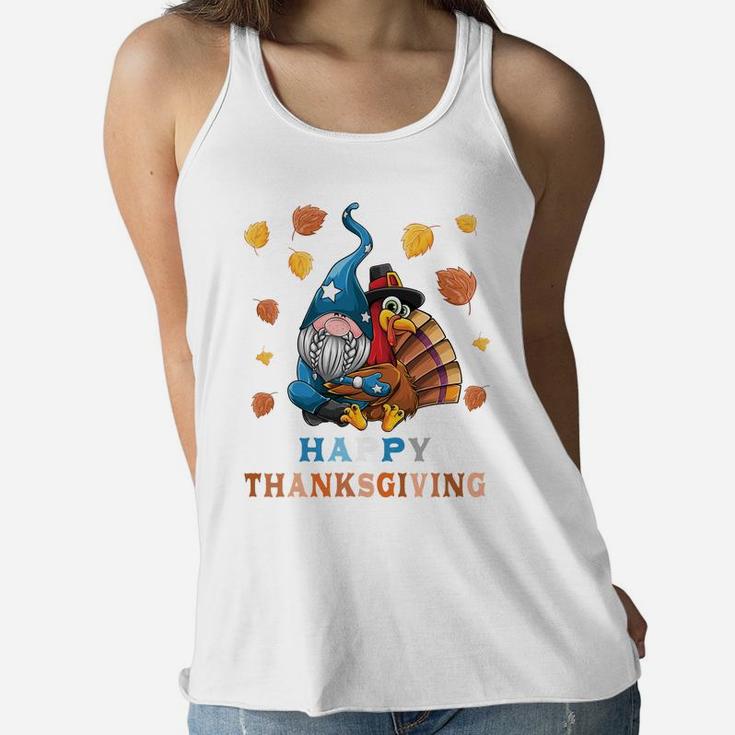 Cute Gnome Hugs Turkey Happy Thanksgiving Girls Boys Kids Women Flowy Tank