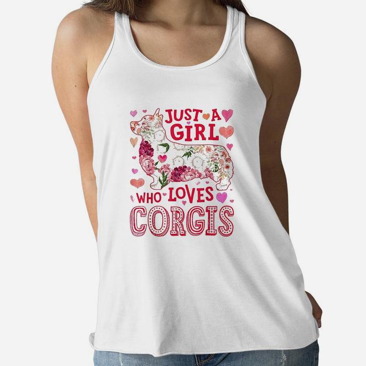 Just A Girl Who Loves Corgis Dog Silhouette Flower Floral Women Flowy Tank