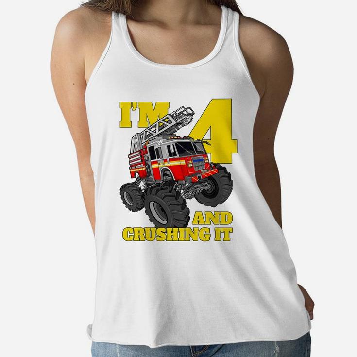 Kids Monster Fire Truck 4Th Shirt Birthday Boy 4 Firefighter Gift Women Flowy Tank