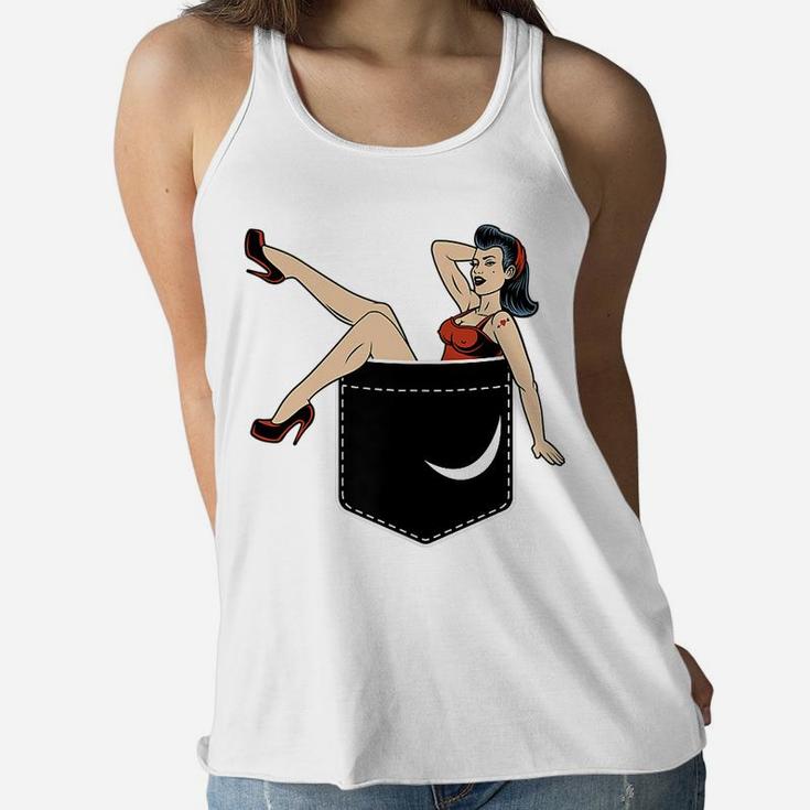 Pin Up Girl In Pocket Funny Vintage Retro Illustration Gifts Women Flowy Tank