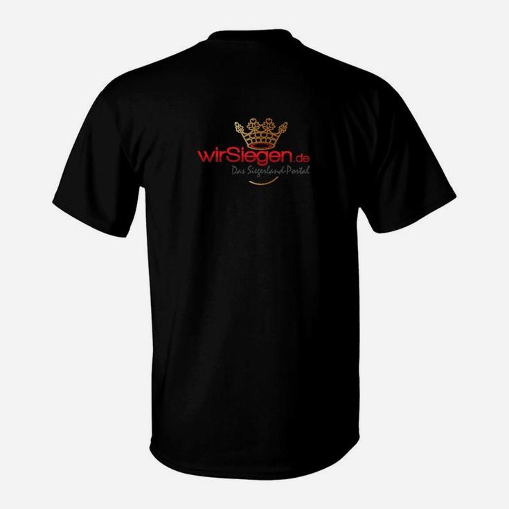 Schwarzes T-Shirt mit wirSiegen.de Logo, Siegerland-Portal Design