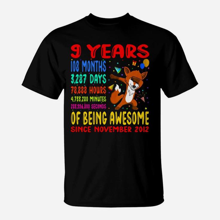 9 Years 108 Months Of Being Awesome 9Th Birthday Dabbing Fox T-Shirt