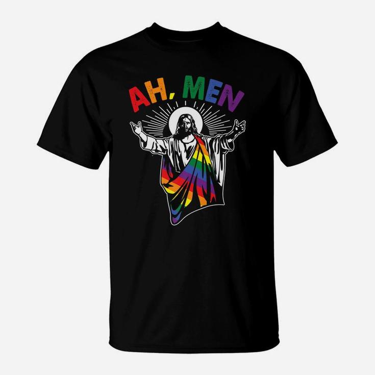 Ah Men Funny Lgbt Gay Pride Jesus Rainbow Flag Christian T-Shirt