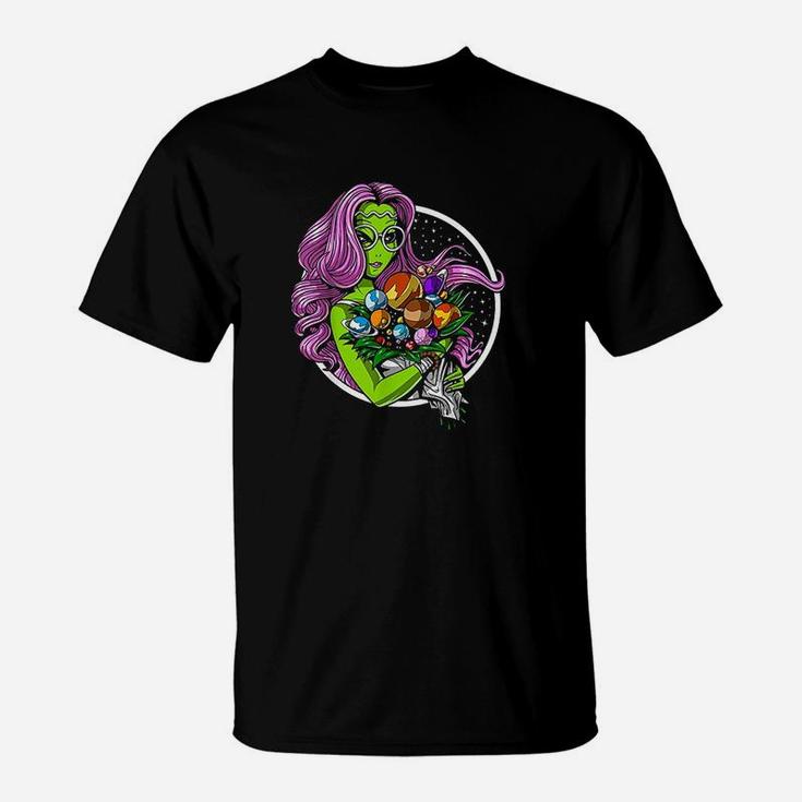 Alien Hippie Psychedelic Space Planets Flowers Women T-Shirt
