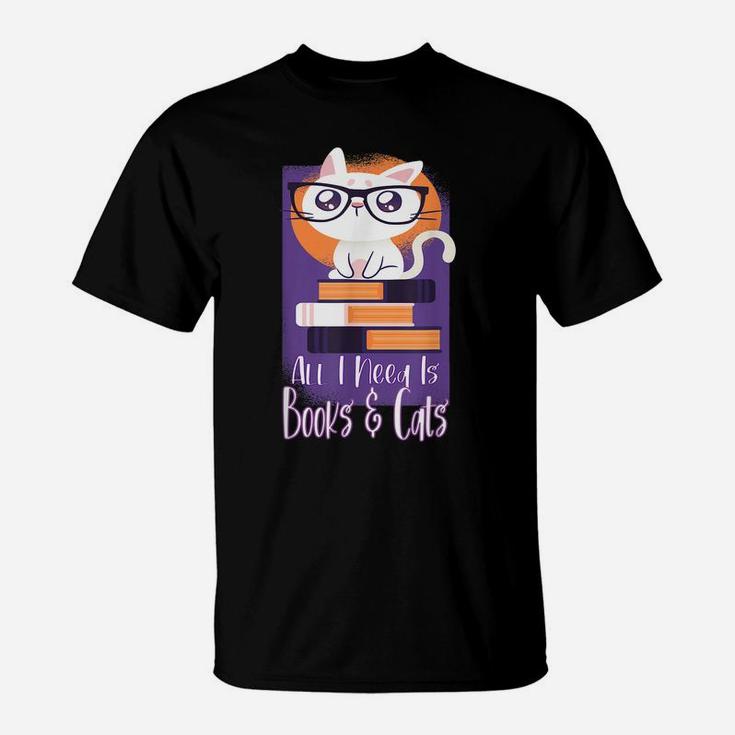 All I Need Is Books And Cats Pastel Cat Art For Book Lovers T-Shirt