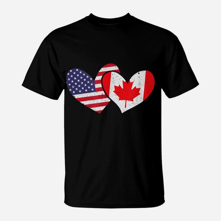 America Usa United States Love Canada Hearts Flags Design T-Shirt