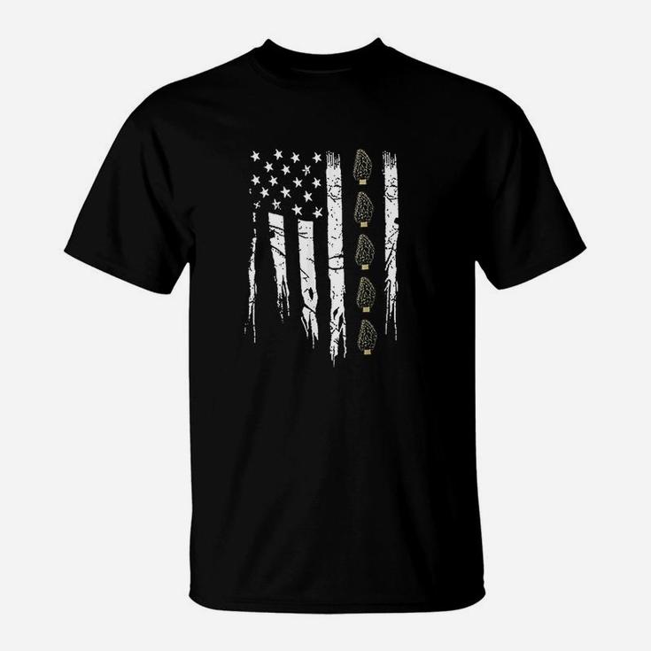 American Mushroom Hunterwith Morels In Usa Flag T-Shirt