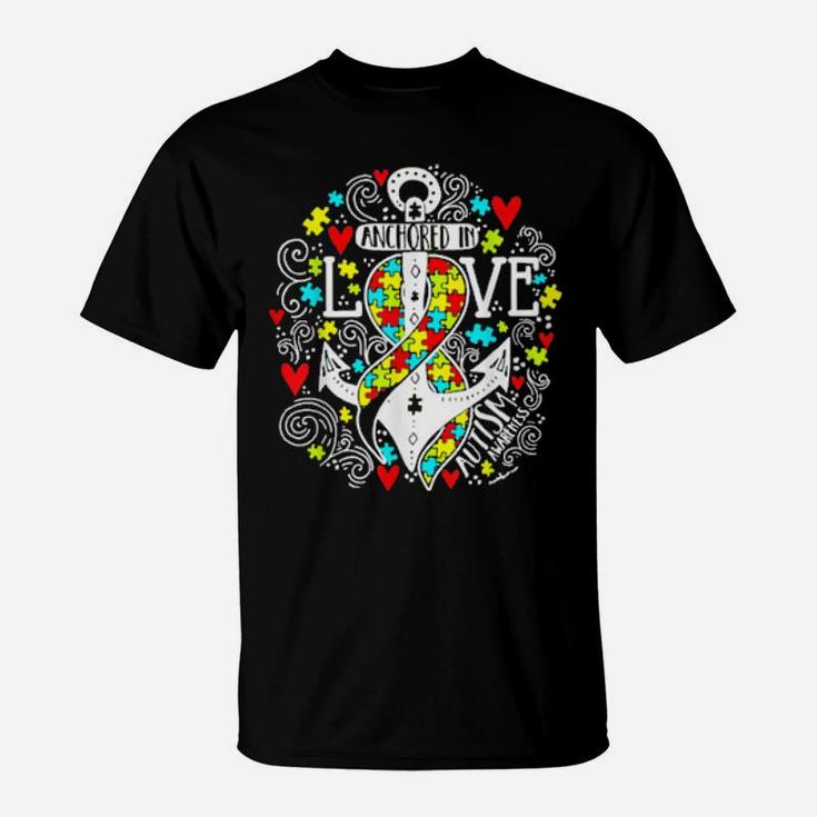 Anchored In Love Autism Awareness Pieces Puzzle Ribbon T-Shirt