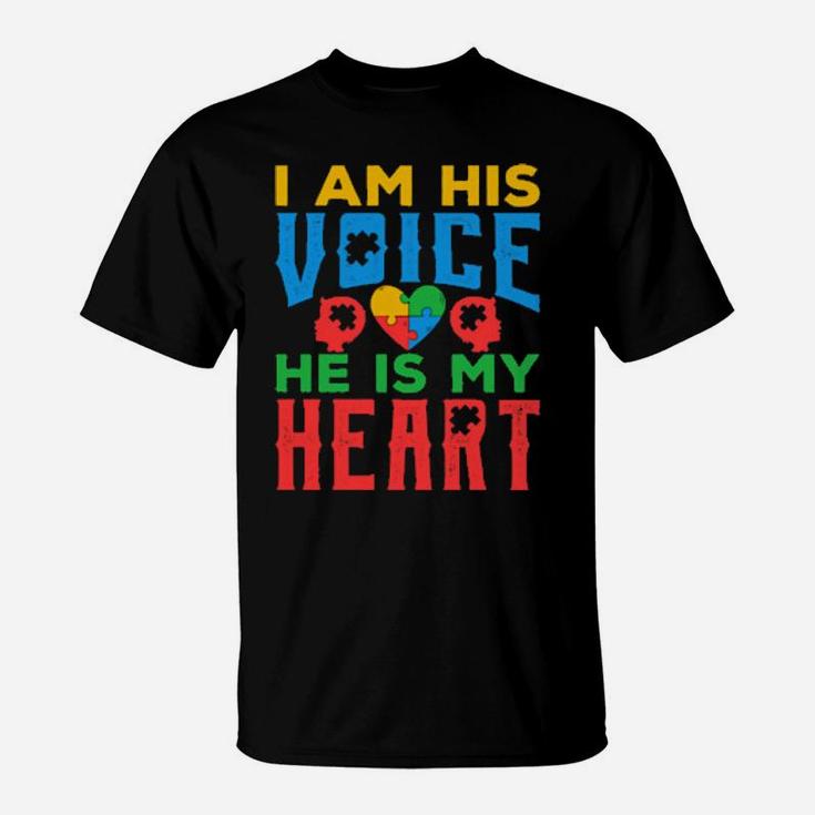 Autism Awareness Grandparents I Am His Voice He Is My Heart T-Shirt