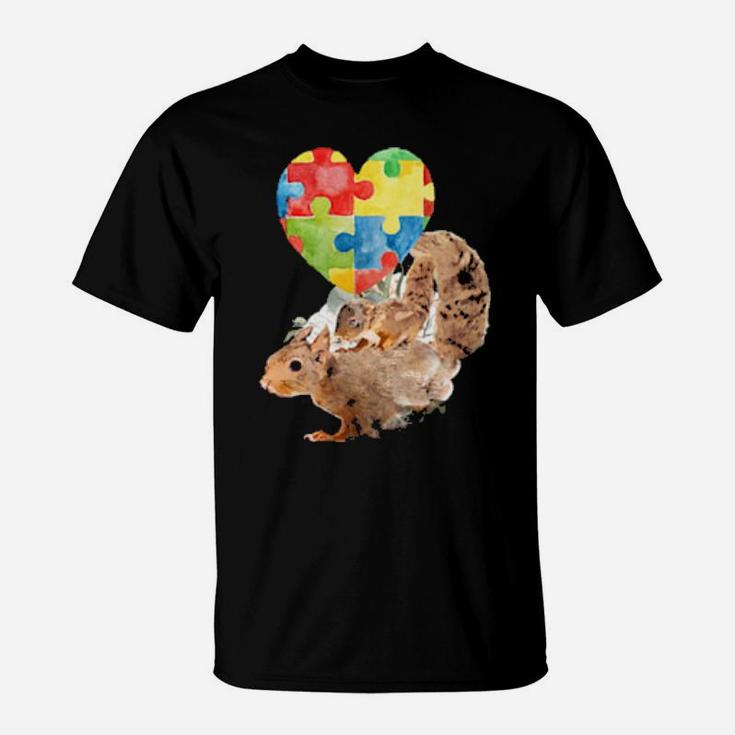 Autism Awareness Mommy Squirrel With Baby Puzzle Heart Love T-Shirt