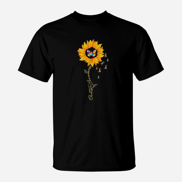 Autism Awareness Puzzle Pieces Butterfly In Sunflower T-Shirt