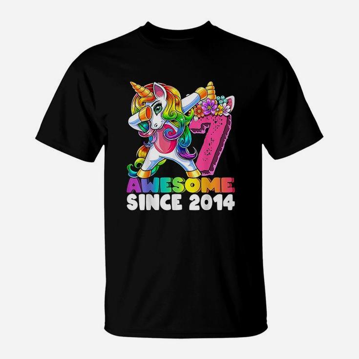 Awesome Since 2014 Dabbing Unicorn 7Th Birthday T-Shirt