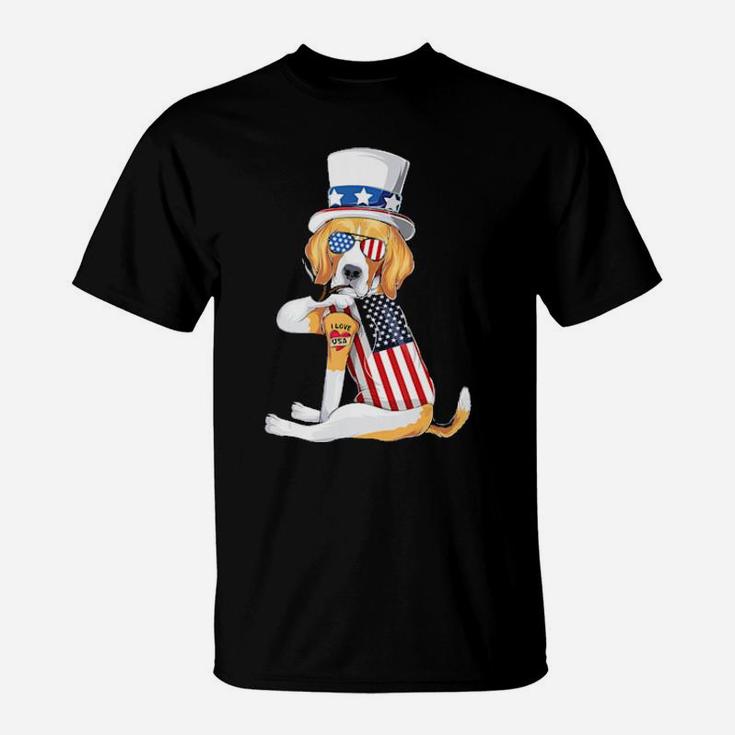 Beagle Dog Merica 4Th Of July Usa American Flag Men Women T-Shirt