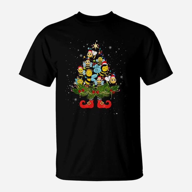Bees Christmas Tree Lights Funny Santa Hat Lover T-Shirt