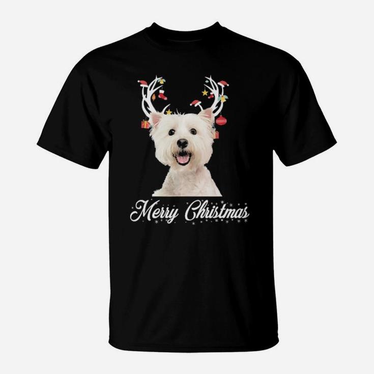 Bichon Frise Reindeer Horns Merry Xmas Dog Lover Gift T-Shirt
